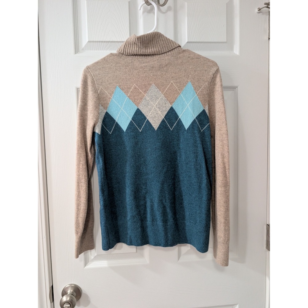 Lands' End Women's S, 100% Cashmere Turtleneck Sweater, Argyle, Tan/Blue - Picture 2 of 5